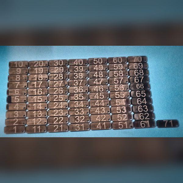 Numbered tags 1–71 — e.g. for a cloakroom or keys
