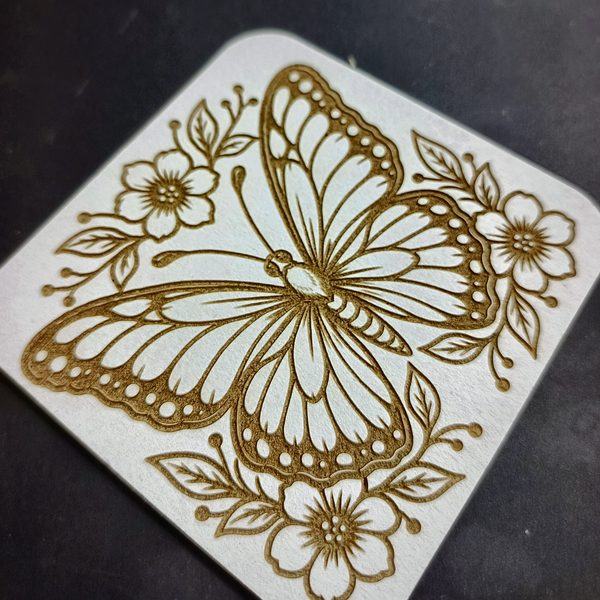 Coaster — engraved butterfly with flowers